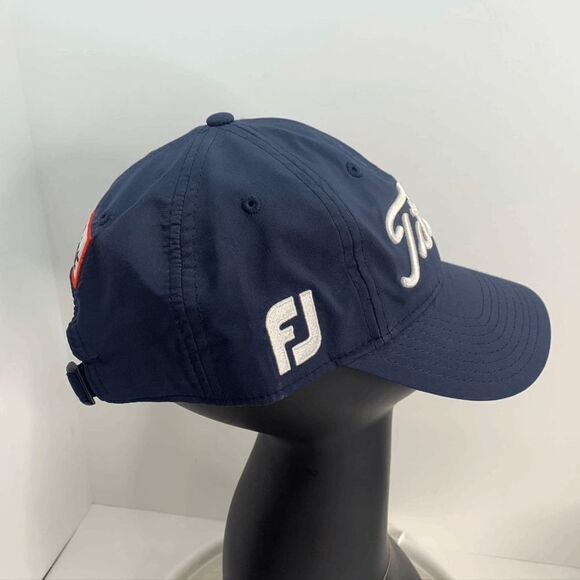 Titleist Pro V1 Footjoy FJ Logo Adjustable Strap Back Hat Navy‎ white lettering - Picture 2 of 6